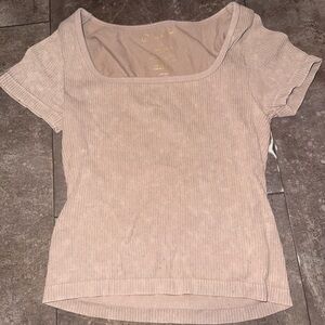 Casual Ribbed Short Sleeve Top in Beige
